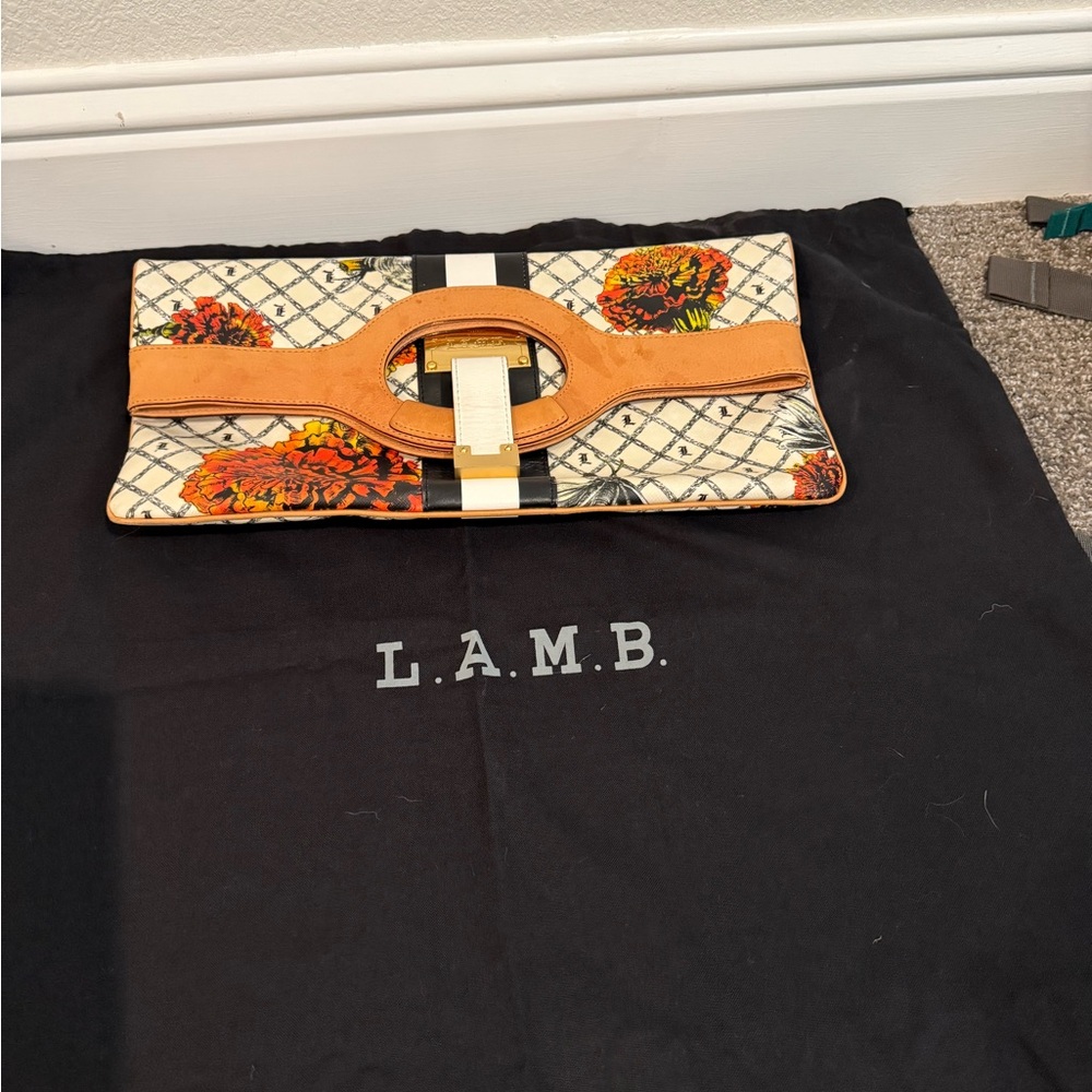 L.A.M.B. Tan and Cream Clutch with Geometric Design
